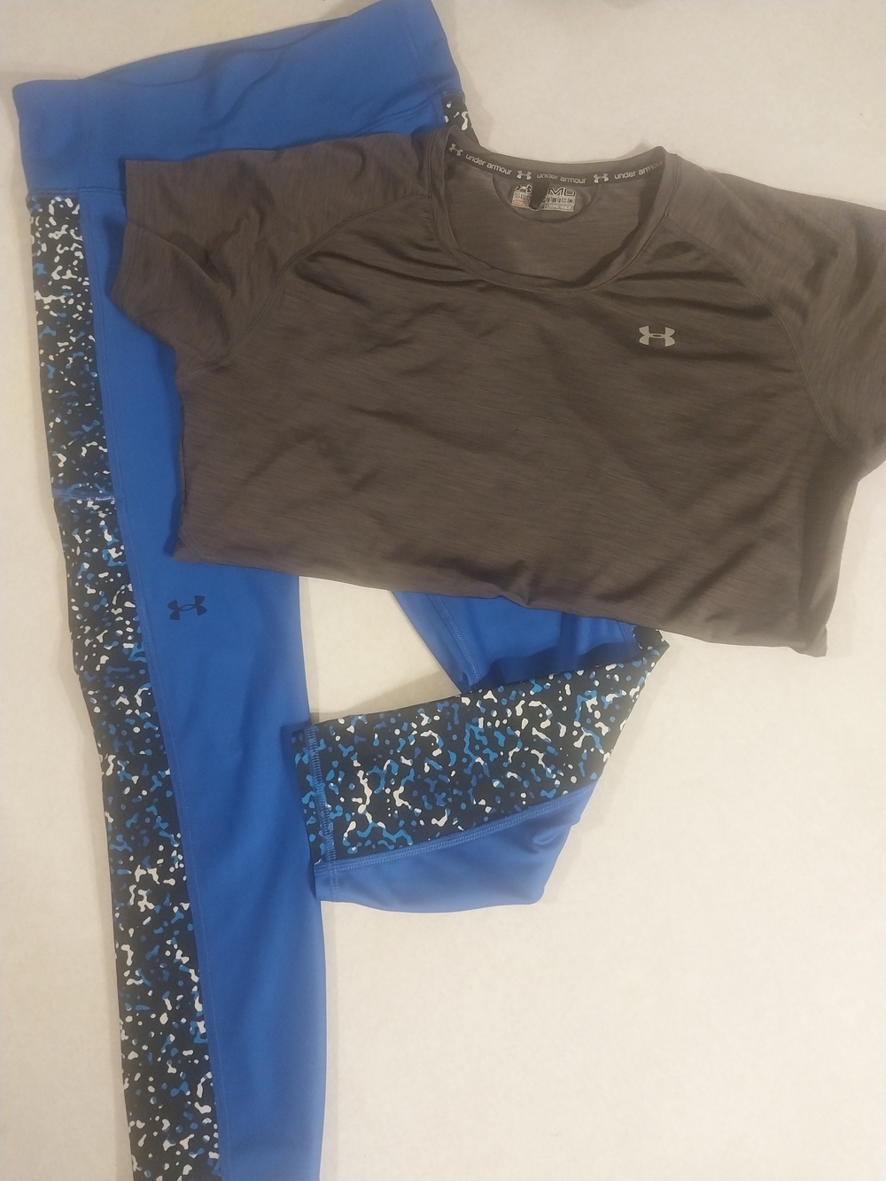Under Armour Blue Athletic Leggings with Black & White Speckle Panels